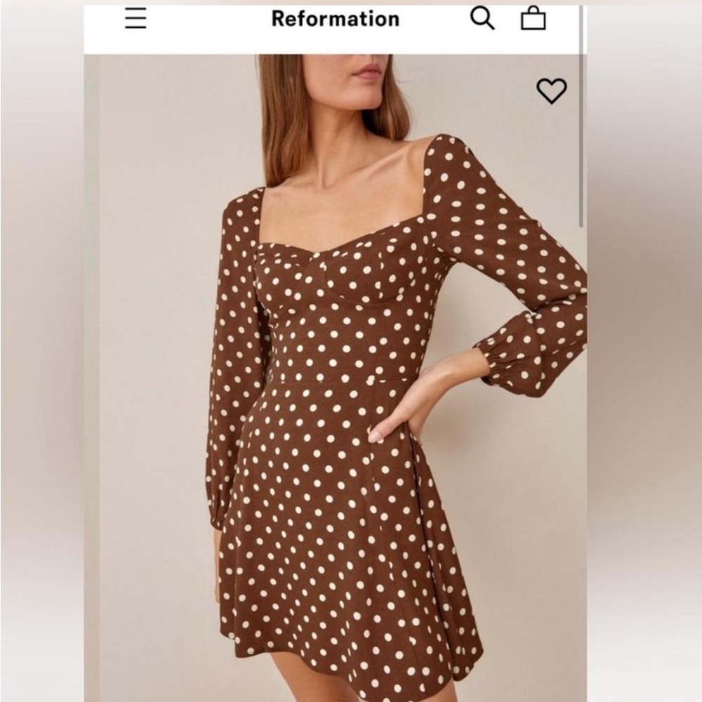 Reformation Chocolate Polka Dot Long Sleeve Dress